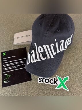 Balenciaga Diagonal Logo Black Cap with White Script Logo